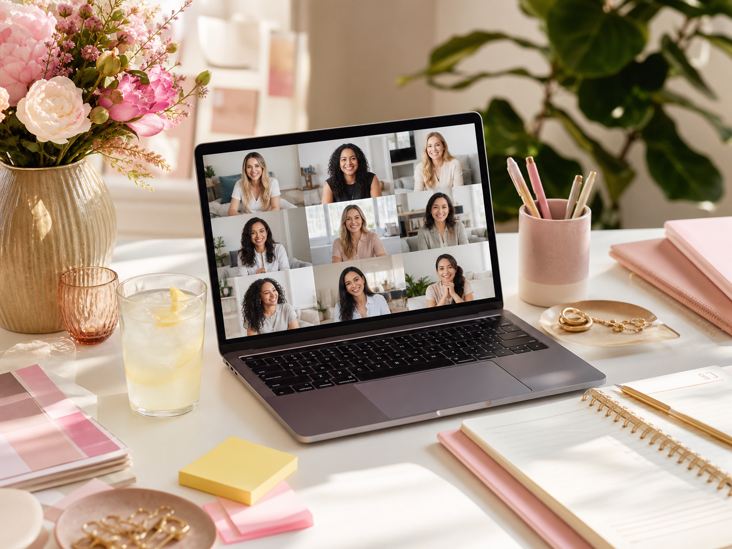 A welcoming creator open house setup with a laptop video call, lemonade, notebook, and pink planning details